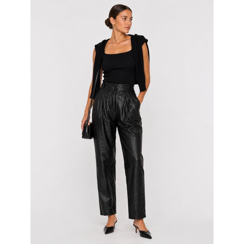 Toffs Vintage Black Genuine Leather Pleated High Waist Tapered Pants 10 M